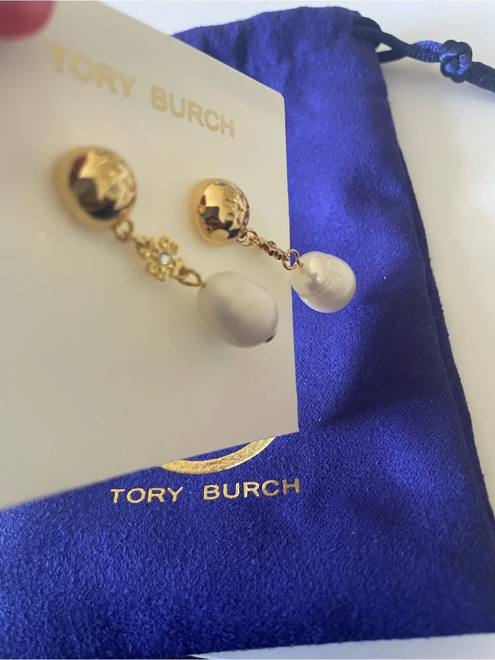 Tory Burch Gold and White Pearl Drop Earrings